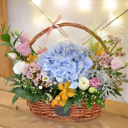 Colorful Life Basket: Blue Hydrangea, Pink and White Eustoma, Wax Flowers