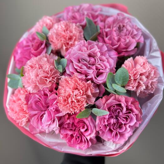 Pink peony-shaped roses with dianthus and eucalyptus