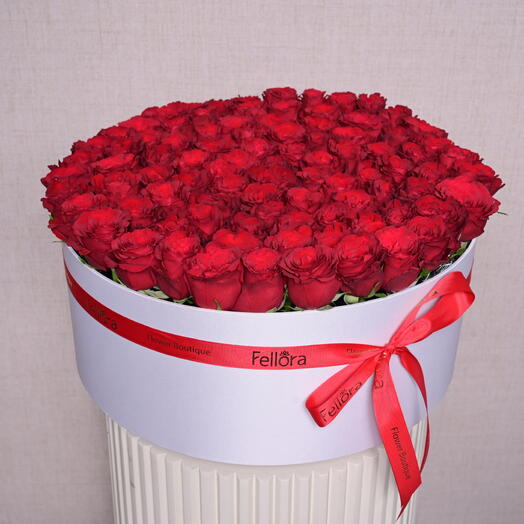 91 Red Rose Round White Flower Box Arrangement-1714