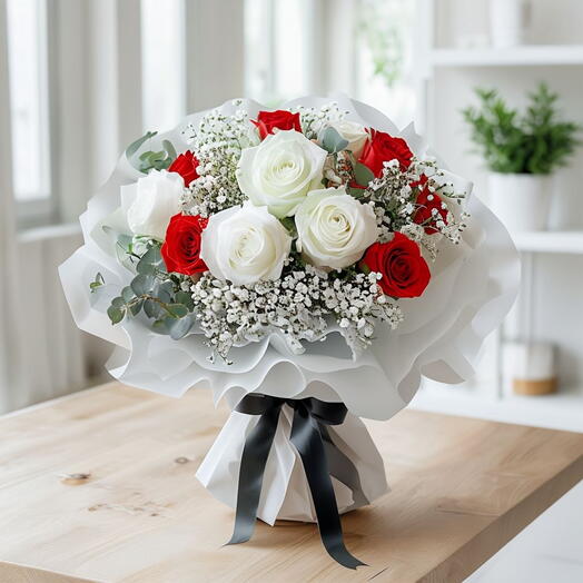 Valentines Day Elegant Bouquet Of Red And White Roses