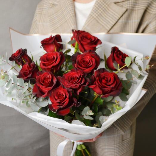 11 red roses with eucalyptus