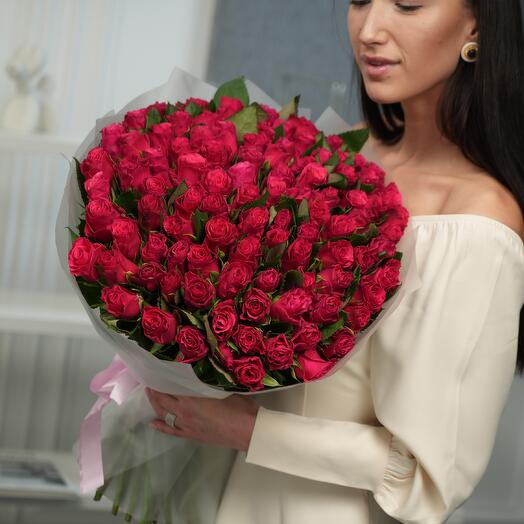 Малиновые розы 101 шт, букет размера XL (122)