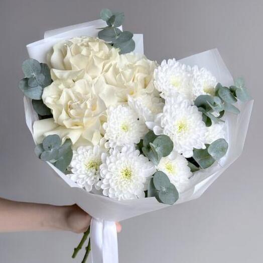 White French Mondial rose, chrysanthemum and eucalyptus