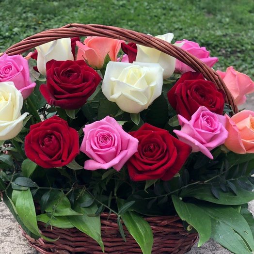 Корзинка из 21 розы с зеленью