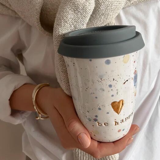 Taza de cerámica de doble pared Be happy