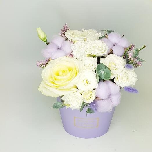 Flowers in a box "Lilac garden" with a white bush rose and lilac cotton