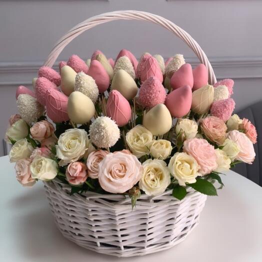 Cesta de flores y fresas