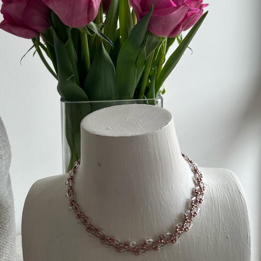 Rose gold seed and transparent white bicone beaded necklace