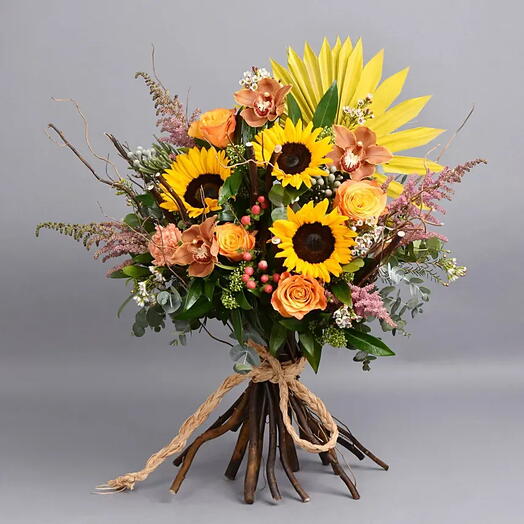 Sunflowers Shine: Sunflower, Cymbidium, Rose, and Carnation Hand-Tied Bouquet