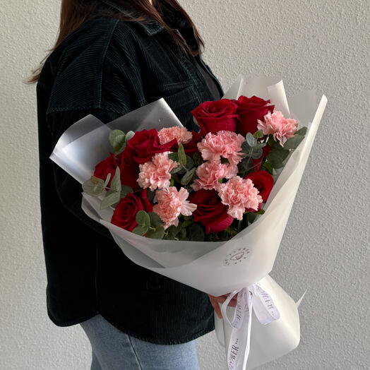 Red Roses and Pink Carnations Bouquet