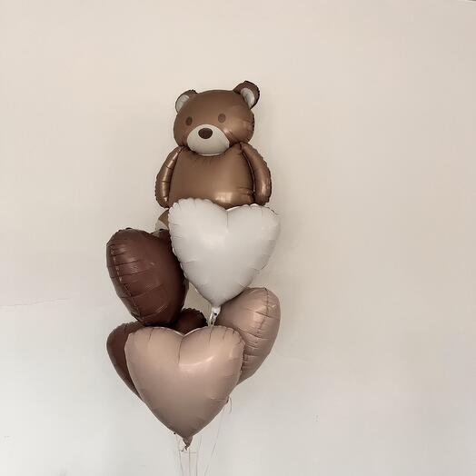 Букет фольгированных шаров Мишка и сердца
