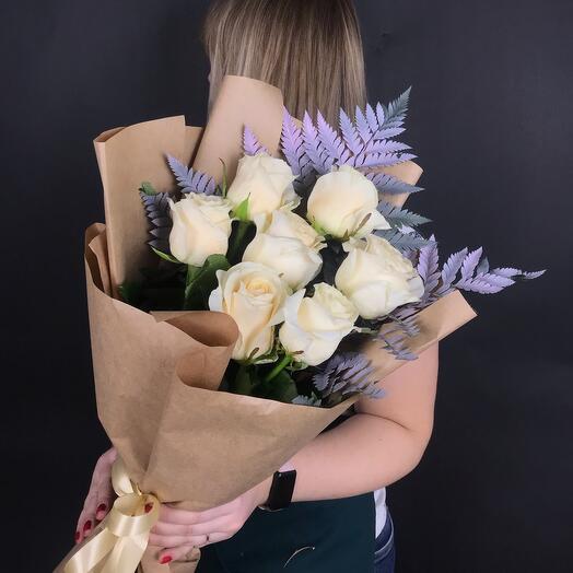 White roses in craft with fern branches