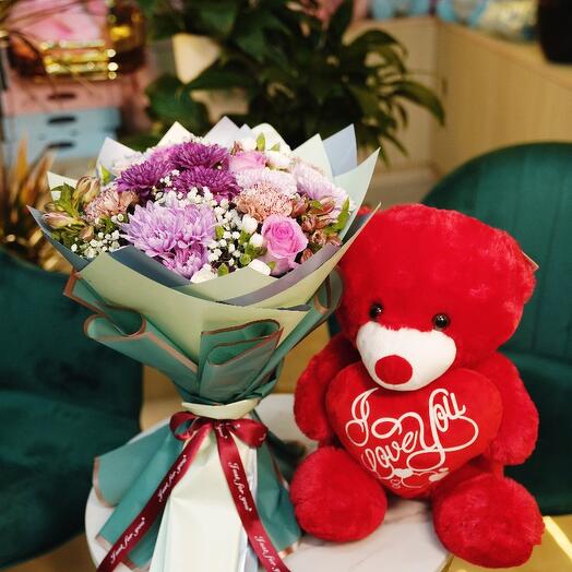 Mix roses bouquet with teddy bear