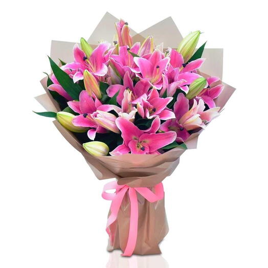 La Fete Exquisite Elegance: 14 Hand-Tied Lily Bouquet