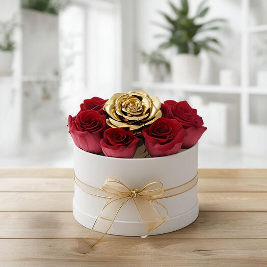 Valentines Day Small Box Arrangement with Single Golden Roses