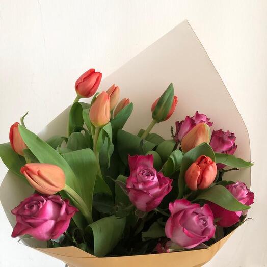 Red Tulip with Purple Roses