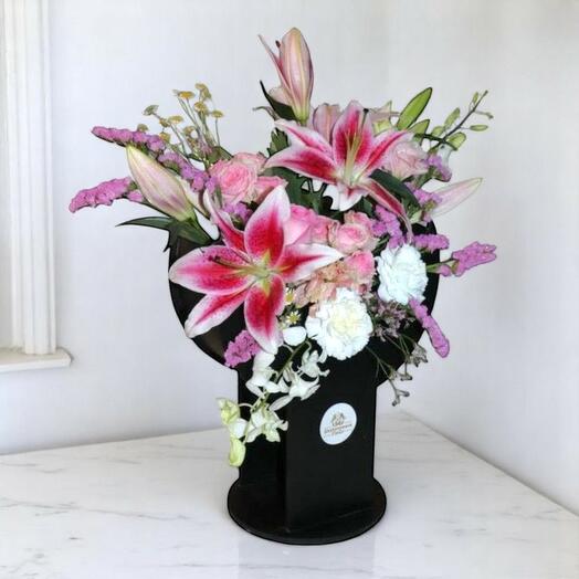 Crescent Ramadan Flower Arrangement with Pink Lilies and Orchids – Elegant Islamic Floral Gift