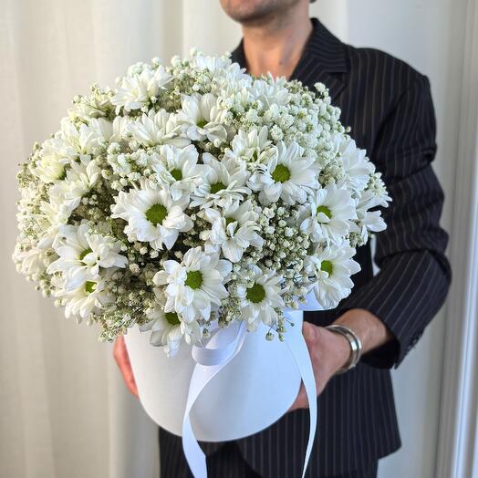 Хризантема и белая Гипсофила в коробке XL