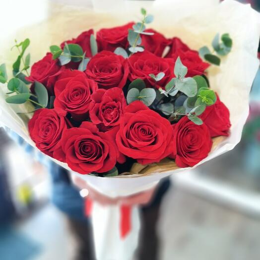 Varietal roses, fragrant eucalyptus