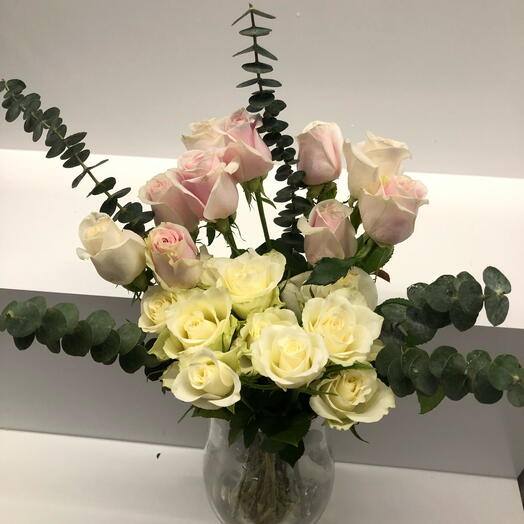 Bunch of Light pink and white roses with eucalyptus