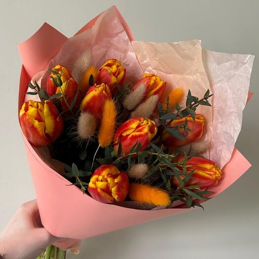 Тюльпаны 9 шт, оранжевые тюльпаны, букет тюльпанов на 8 марта