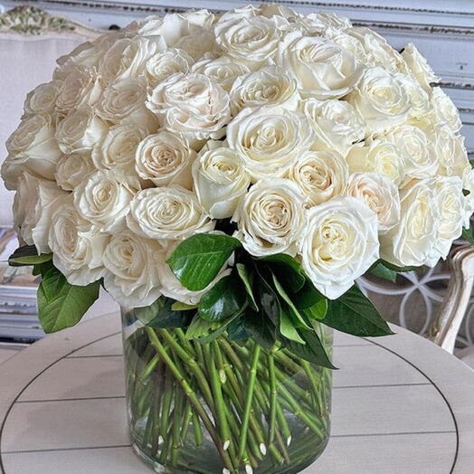 51 white roses in a cylinder vase