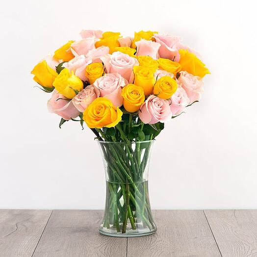 Glorious pink and yellow roses glass vase