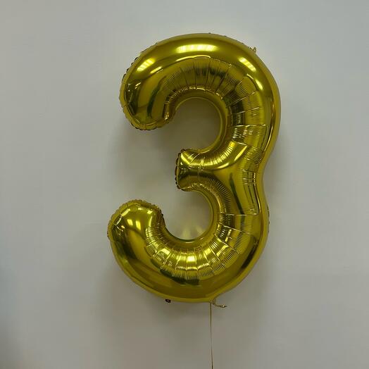 Foil balloon number three - 3 gold, 102 cm (40 inches) with helium