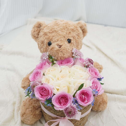 Love with Teddy Bear Mixed Flowers Basket