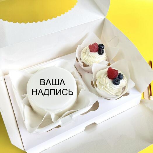 Комбо, бенто торт с 2 капкейками на день рождения с вашей надписью