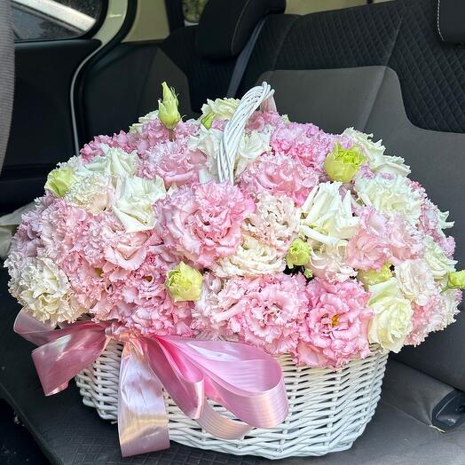 Pink and white lisianthus in basket