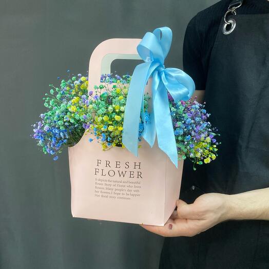 Handbag with rainbow gypsophila