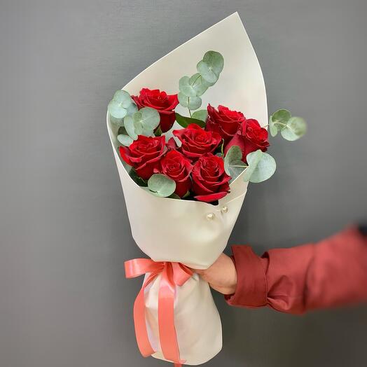 Red Roses with eucalyptus