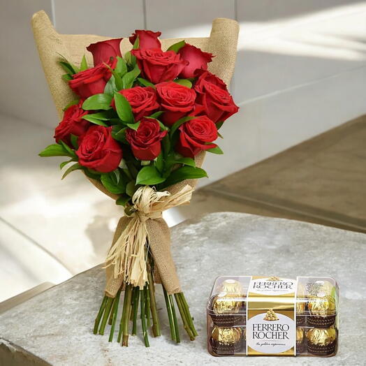 Red Roses Bouquet And Chocolates