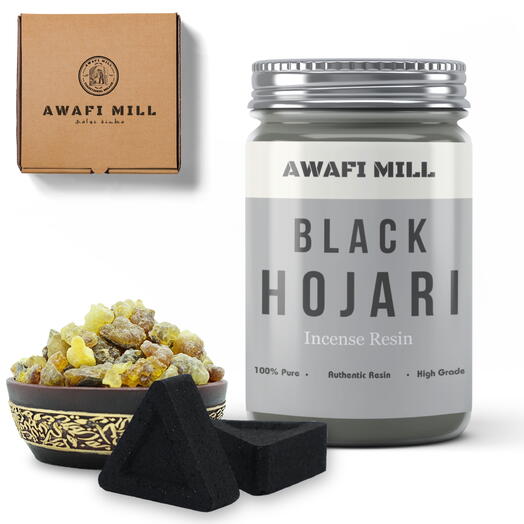 AWAFI MILL Frankincense Black Hojari Resin from Oman | Triangle Charcoal Tablet - Bottle of 100 Gram with 20 Charcoal Piece