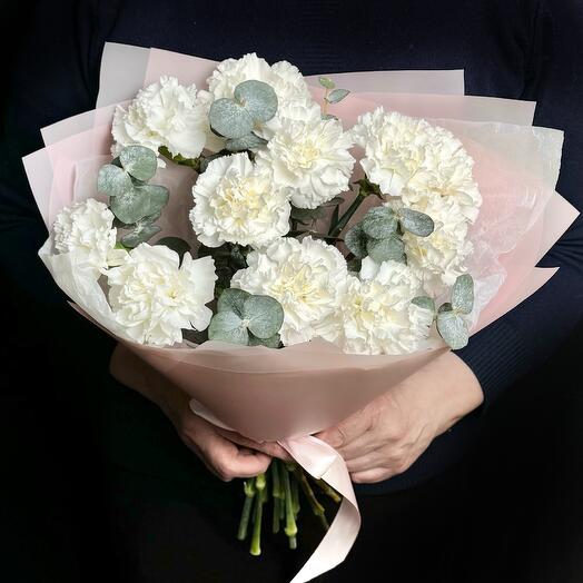 White dianthuses with fragrant eucalyptus in a delicate package