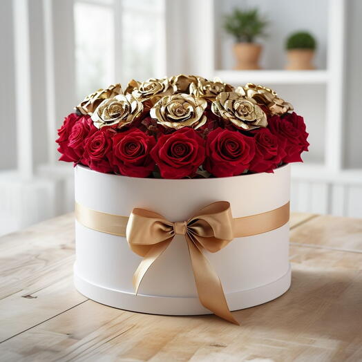 Valentines Day Red and Golden Roses Box Arrangement