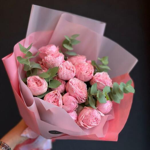 Bouquet of spray peony roses and eucalyptus