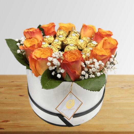 Orange Roses and Rocher Ferroro in Round Box