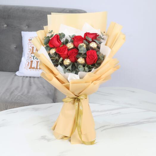 Lovely 6 Red Roses and Ferrero Bouquet