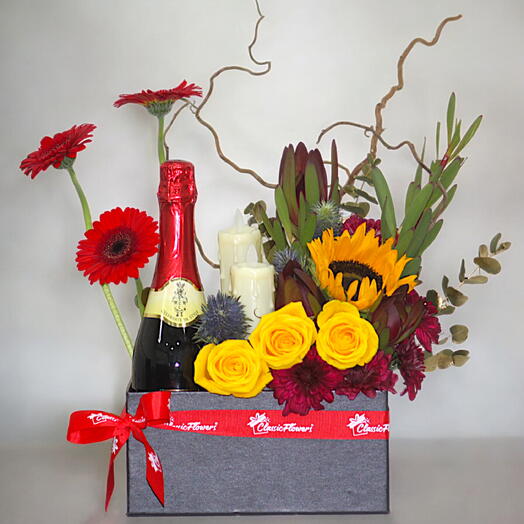 Vibrant Floral Box with Sunflower, Roses   Sparkling Drink