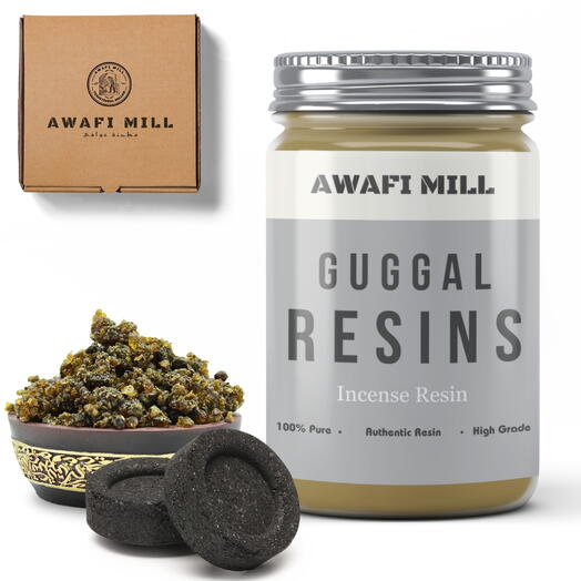 AWAFI MILL Guggal Resin Gum | Charcoal Tablet - Bottle of 100 Gram with 20 Charcoal Piece