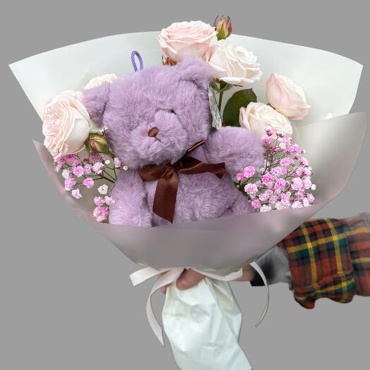 Bouquet with a purple teddy bear