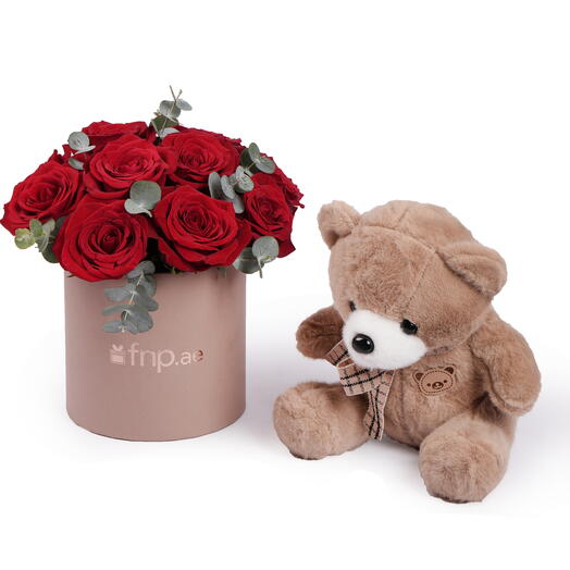 Red Roses in Box with Brown Teddy Combo