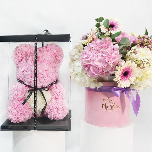 Heavenly pink arrangement with foam teddy bear 40cm