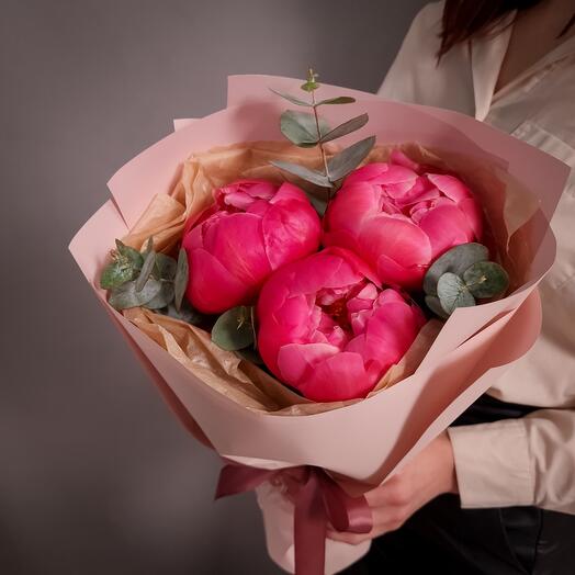 3 Coral Charm Peonies with Eucalyptus
