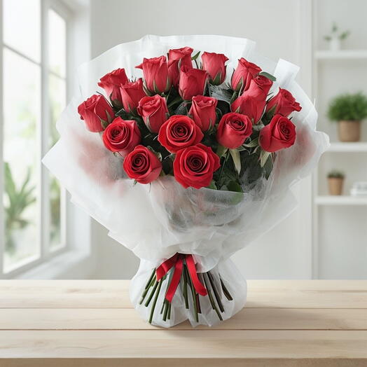 Valentines Day Red Roses Cute White Wrapped Bouquet