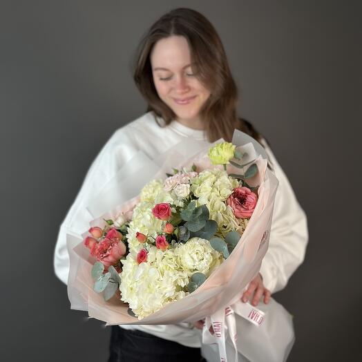 Hydrangea, rose, dianthus, sprey rose bouquet