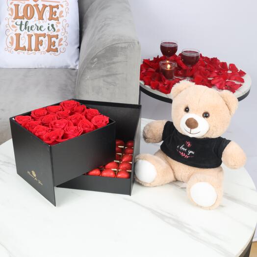 Affection Red Roses and Chocolate Box with I Love you Teddy