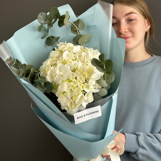 Bouquet of white hydrangea with eucalyptus